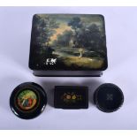 FOUR ANTIQUE BLACK LACQUER BOXES in various forms and sizes. Largest 18 cm x 15 cm. (4)