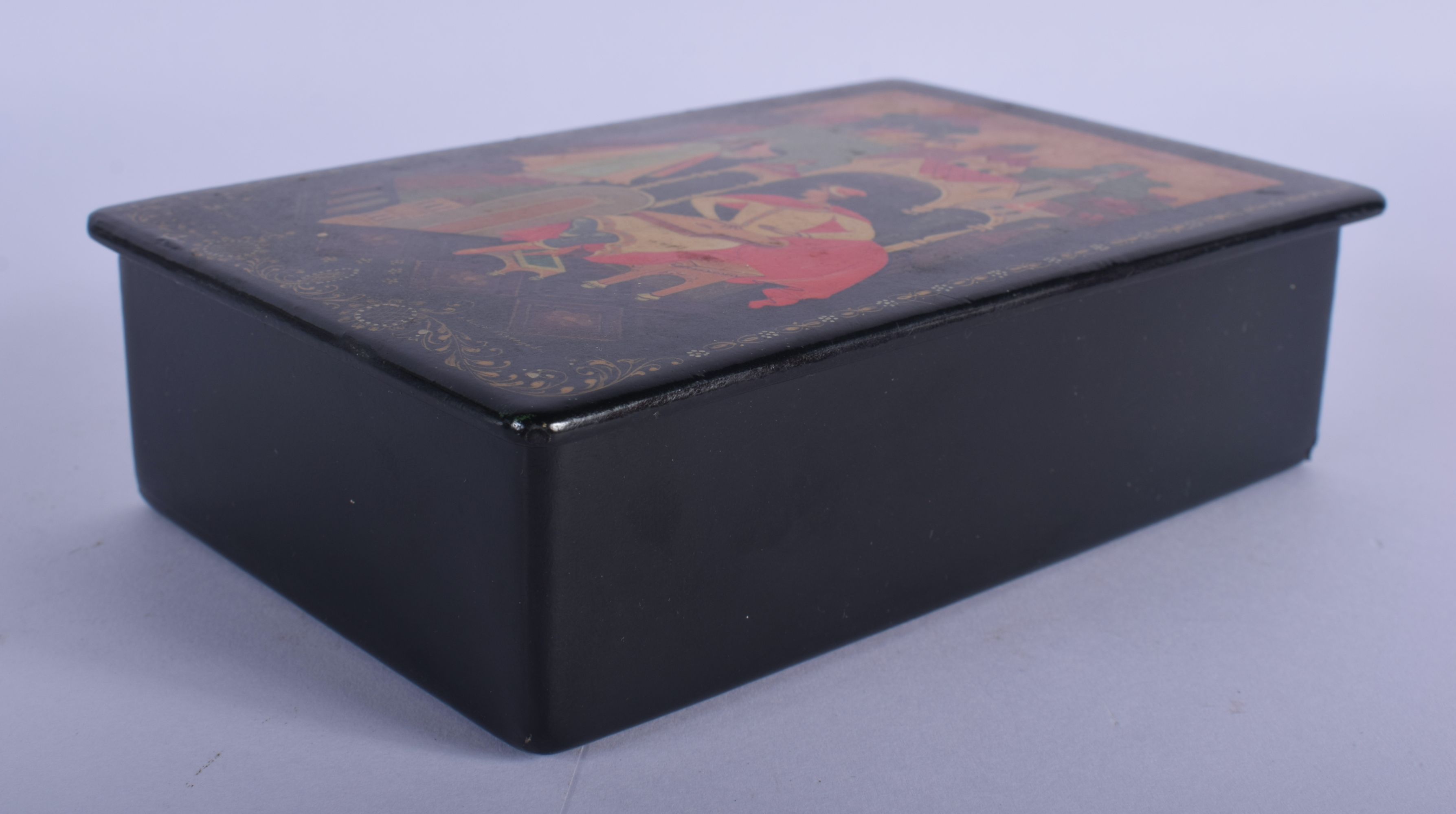 A RUSSIAN BLACK LACQUER BOX AND COVER. 15 cm x 10 cm. - Image 2 of 5