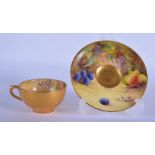 Royal Worcester demi-tasse cup and saucer painted with fruit by R. Harper and W. H. Austin, signed,