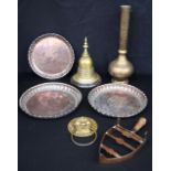 A collection of vintage brass and copper items Islamic trays, iron stands, vases etc largest 43cm (7