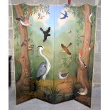 A lovely early 20th century 4 section, 2 sided painted screen depicting animals and birds and on the