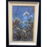 A framed Oil on board by Michael Cadmine of wild flowers . 75 X 43 cm.