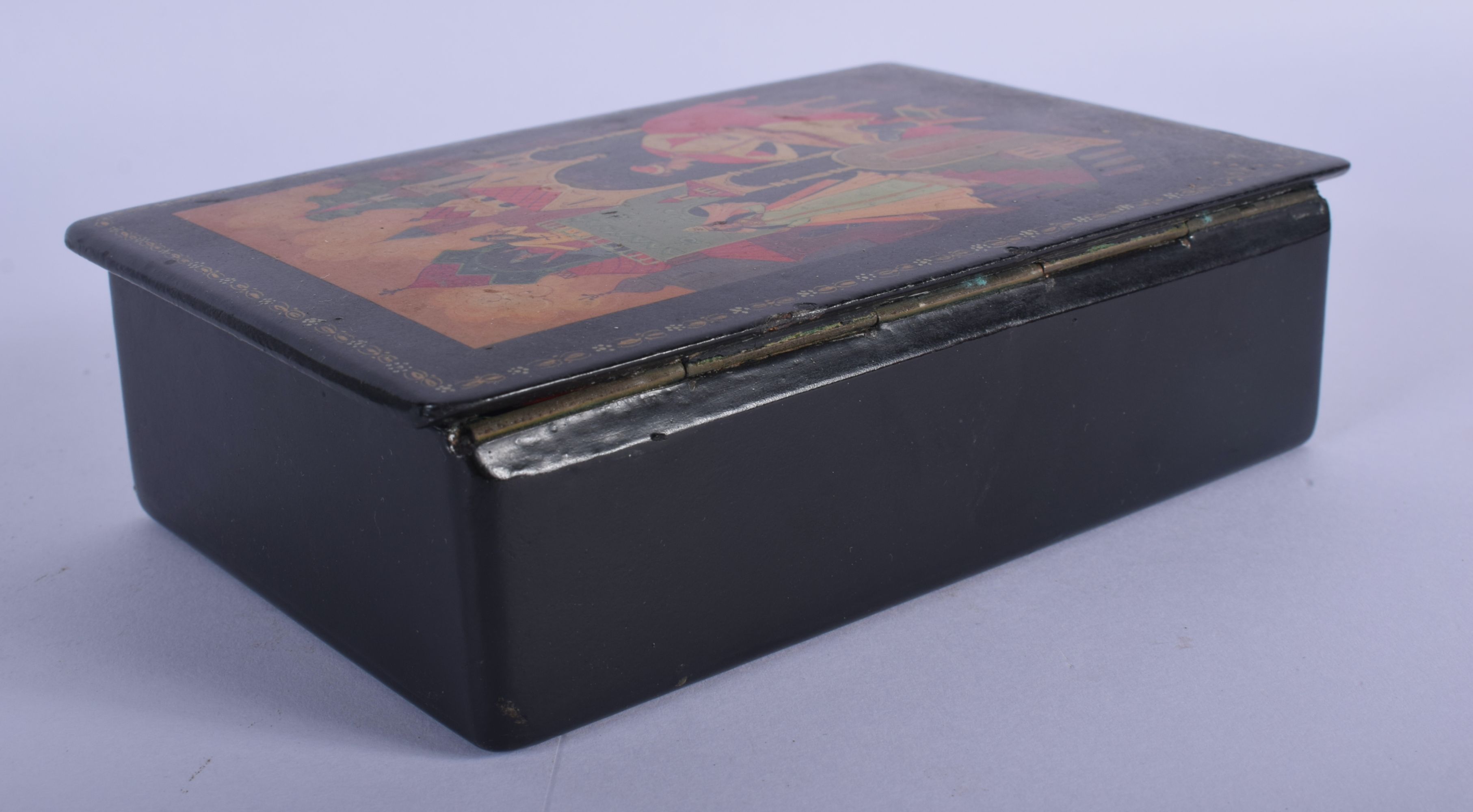 A RUSSIAN BLACK LACQUER BOX AND COVER. 15 cm x 10 cm. - Image 3 of 5