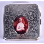 AN EROTIC STERLING SILVER AND ENAMEL CIGARETTE CASE. Hallmark Birmingham 1949, 8cm x 8cm, weight 10