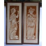 A PAIR OF ARTS AND CRAFTS EMBROIDERED SILK TYPE PANELS depicting figures. Silk 77 cm x 28 cm.