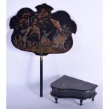 A GEORGE III COUNTRY HOUSE BLACK LACQUER FAN decorated with Chinese figures, together with a painted