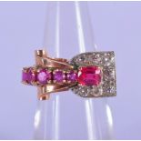 A 14CT ART DECO ROSE GOLD, DIAMOND AND RUBY RING. Size I, weight 7g