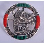 A SILVER, MALACHITE AND CORAL SCOTTIE DOG BROOCH. 4cm diameter, weight 11g