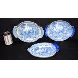A set of three oriental style Davenport blue and white porcelain dishes. 28cm (3)