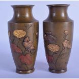 A PAIR OF 19TH CENTURY JAPANESE MEIJI PERIOD MIXED METAL BRONZE VASES decorated with birds and flowe