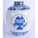 A 17TH CENTURY CHINESE BLUE AND WHITE PORCELAIN JAR Kangxi, with pewter mounts, painted with urns an