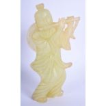 A CHINESE GREEN JADE FIGURE PLAYING A FLUTE. 18cm high