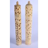 A NEAR PAIR OF 19TH CENTURY CHINESE CANTON IVORY NEEDLE CASES AND COVERS Qing, decorated with dragon