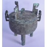 A LARGE CHINESE TWIN HANDLED CENSER AND COVER 20th Century, decorated with buddhistic trigram type m