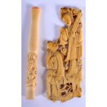 A 19TH CENTURY CHINESE CARVED IVORY CHEROOT HOLDER together with a Qing dynasty ivory plaque. Larges