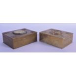 A PAIR OF EARLY 20TH CENTURY CHINESE BRASS AND JADE BOX AND COVER Late Qing/Republic. 12 cm x 9 cm.