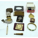 A miscellaneous collection tortoiseshell card case, belt buckle, treen temperature gauge etc 10cm (Q