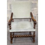 A Victorian carved oak barley twist upholstered throne chair 109 x 60 x 60cm
