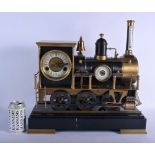 A LARGE CONTEMPORARY BRONZE AUTOMATON NOVELTY LOCOMOTIVE CLOCK modelled upon a track. 45 cm x 37 cm.