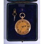 A CASED 18CT GOLD POCKET WATCH C/W KEY. Dial 4.2cm diameter, watch only 53.91g