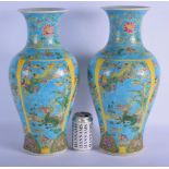A LARGE PAIR OF CHINESE BLUE GLAZED PORCELAIN VASES 20th Century. 44 cm high.