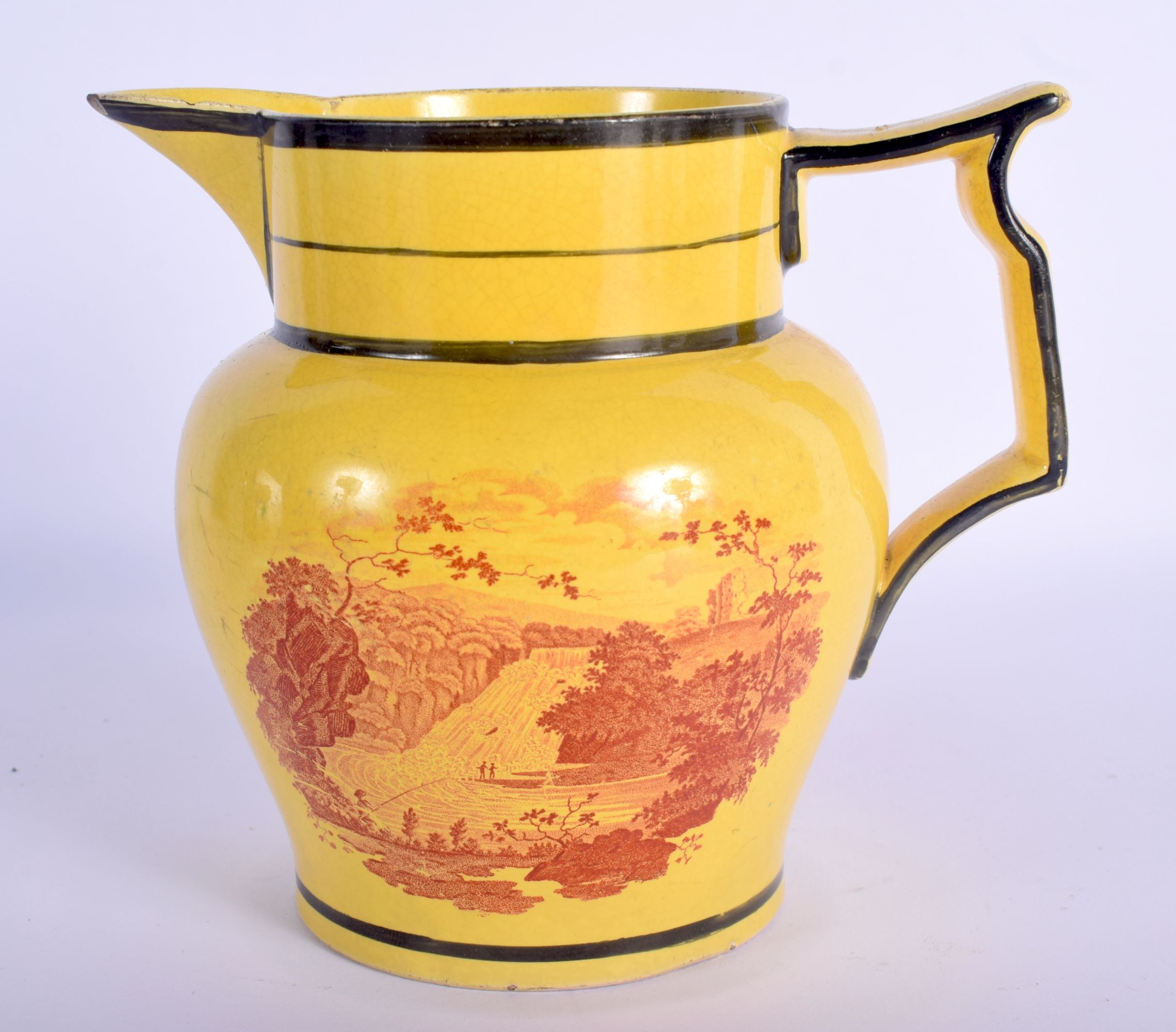 A RARE EARLY 19TH CENTURY CANARY YELLOW POTTERY JUG printed with red landscapes. 13 cm x 13 cm. - Image 2 of 3