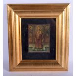 AN ANTIQUE RUSSIAN ICON depicting a saint. Icon 12 cm x 9 cm.