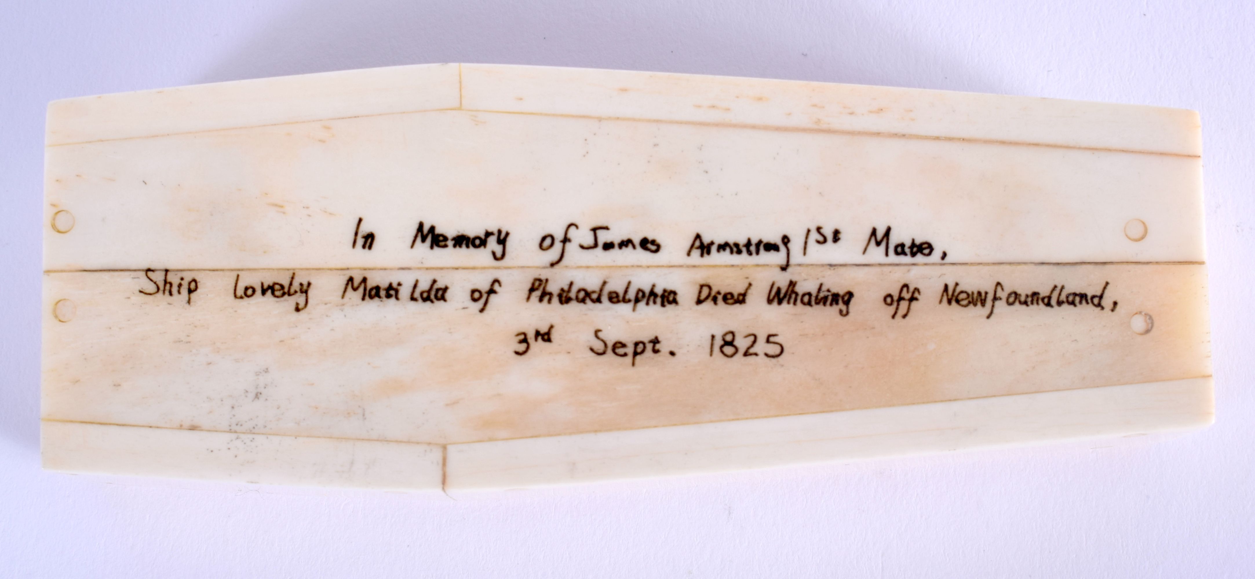 A BONE COFFIN CONTAINING A SKELETON DEPICTING WHALING SCENE. INSCRIBED "In memory of James Armstron - Image 3 of 3