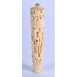 A RARE MINIATURE 19TH CENTURY CHINESE CANTON IVORY TOOTH PICK CASE AND COVER Qing. 6.5 cm long.