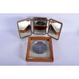 AN EDWARDIAN BRASS FOLDING PHOTOGRAPH FRAME together with a framed Rolls Royce dish. Largest 30 cm x