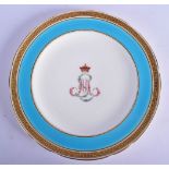 Minton plate with Earl’s Coronet and initials S. M. under a turquoise and acid etched Greek key bord