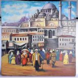 Middle Eastern School (20th Century) Oil on board, before the mosque. 100 cm x 95 cm.