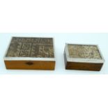A Peruvian silver and glass topped box with Andean cloth insert 5 x 15cm (2)