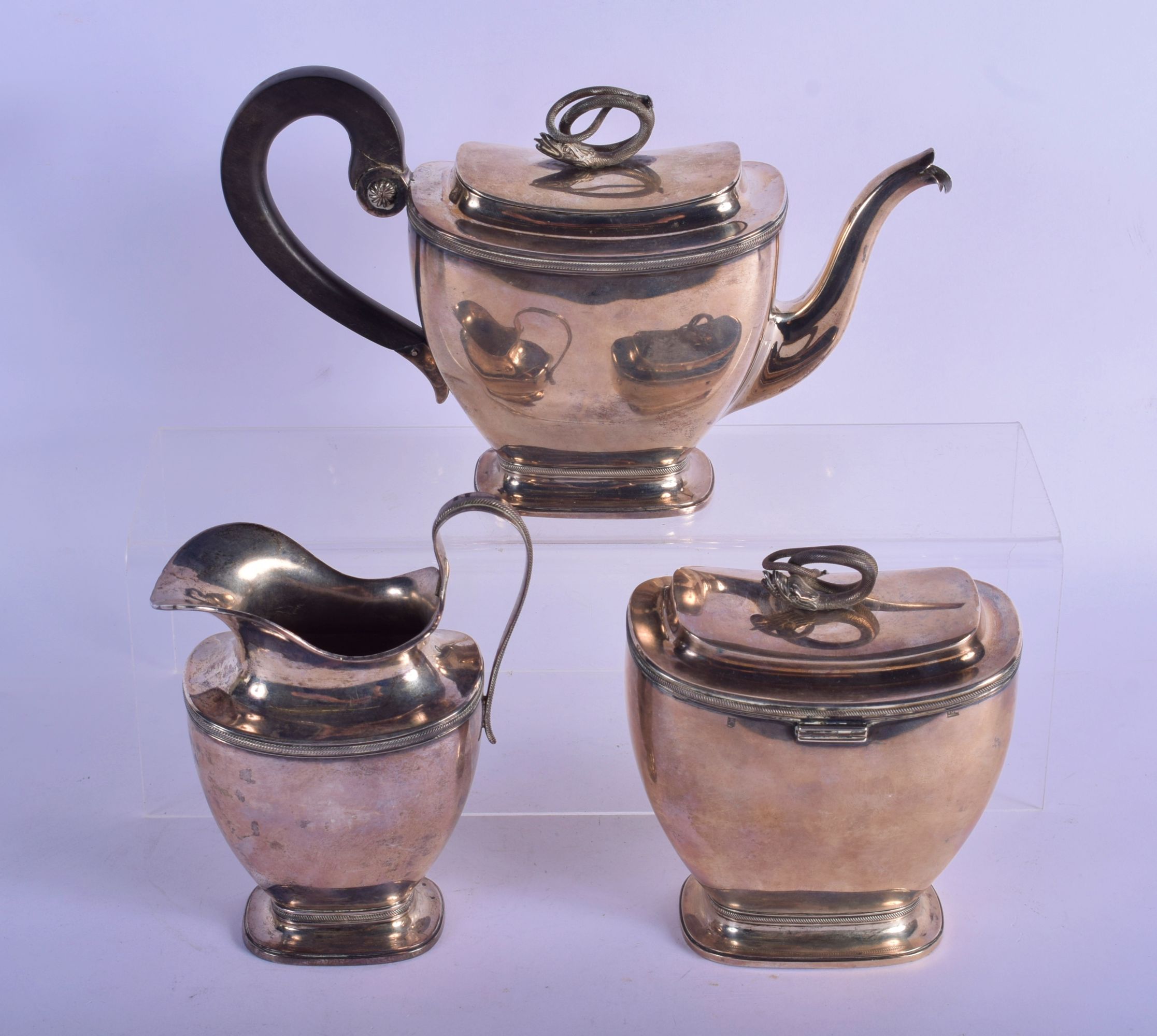 A 19TH CENTURY EUROPEAN SILVER SERPENT TEAPOT together with a similar tea caddy and cream jug. 1001 - Image 2 of 9