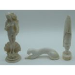A Greek Alabaster figurine of a female together with a stone animal carving and an African carving l