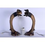 A PAIR OF ANTIQUE ANIMAL HOOF TAXIDERMY LAMPS. 40 cm high.