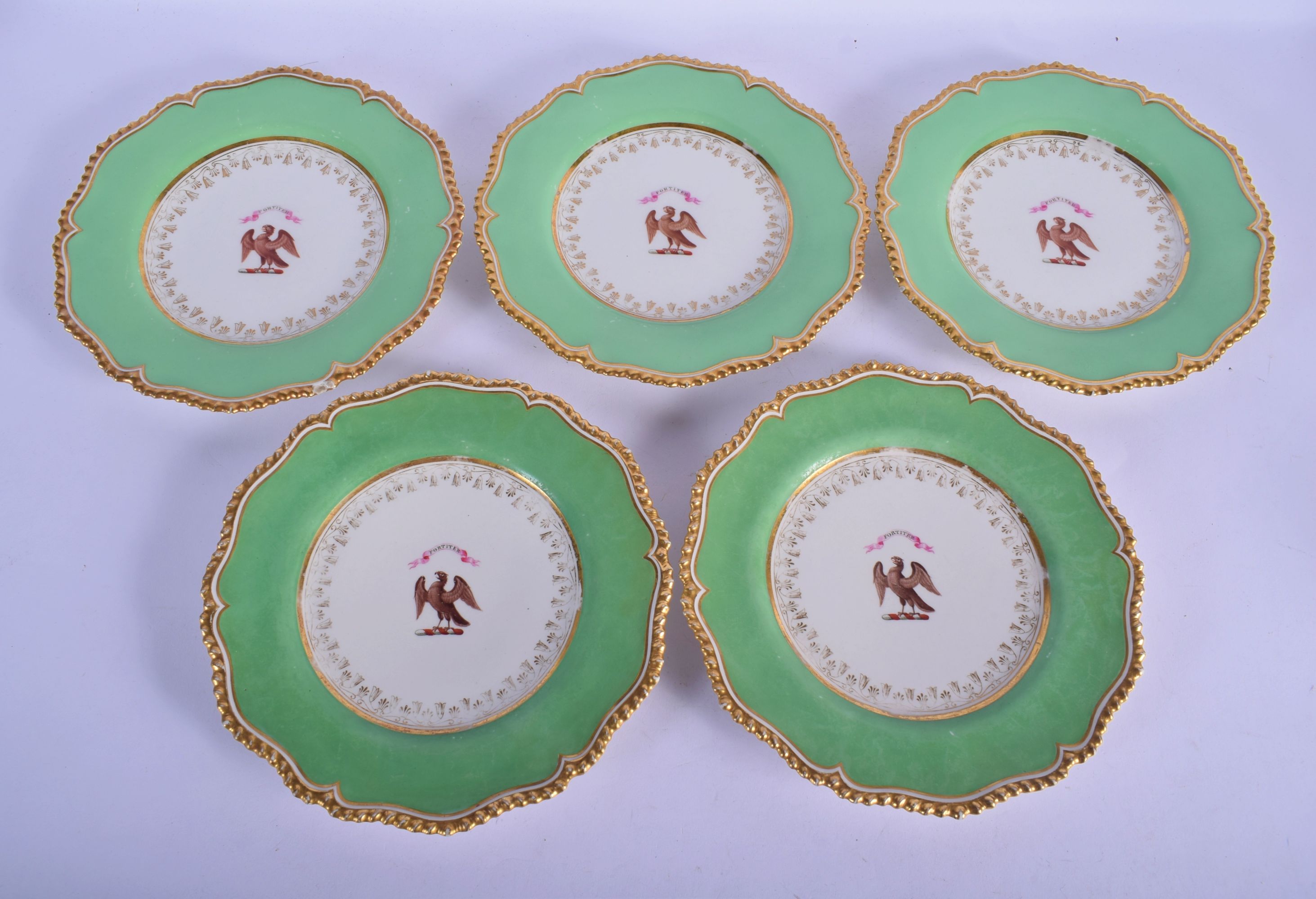 Worcester Flight Barr and Barr set of five plates painted with the Arms of Turner under a lime green