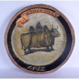A RARE LARGE MID 19TH CENTURY PRIZE BULL BUTCHERS DISPLAY SERVING PLATTER painted with a standing bu