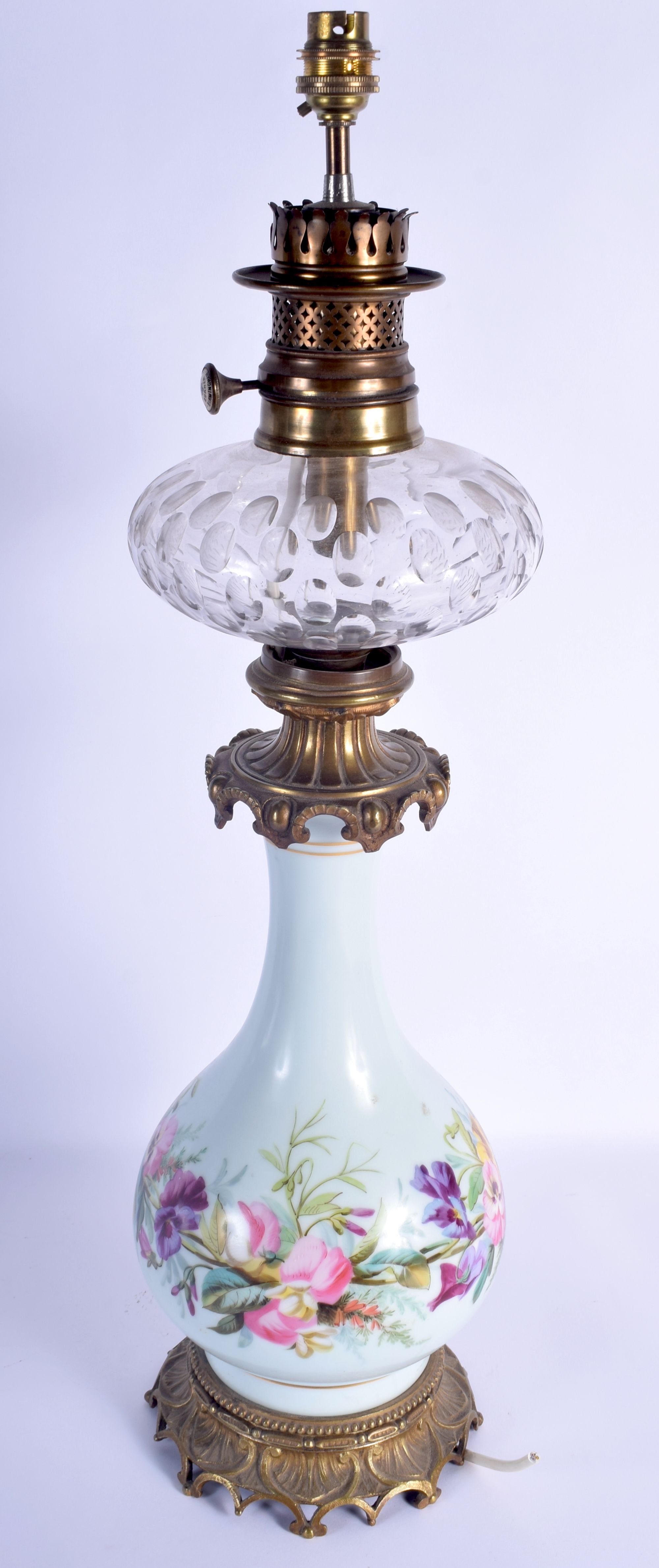 A LARGE 19TH CENTURY PAINTED OPALINE GLASS OIL LAMP decorated all over with foliage. 63 cm high. - Image 2 of 4