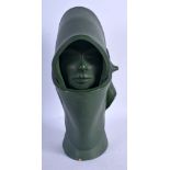 A RARE ART DECO GREEN GLAZED POTTERY HEAD OF A FEMALE modelled wearing a cloak. 27 cm high.
