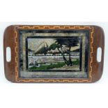 An Abalone and feather picture inlaid wooden tray probably South American 47 x 29 cm