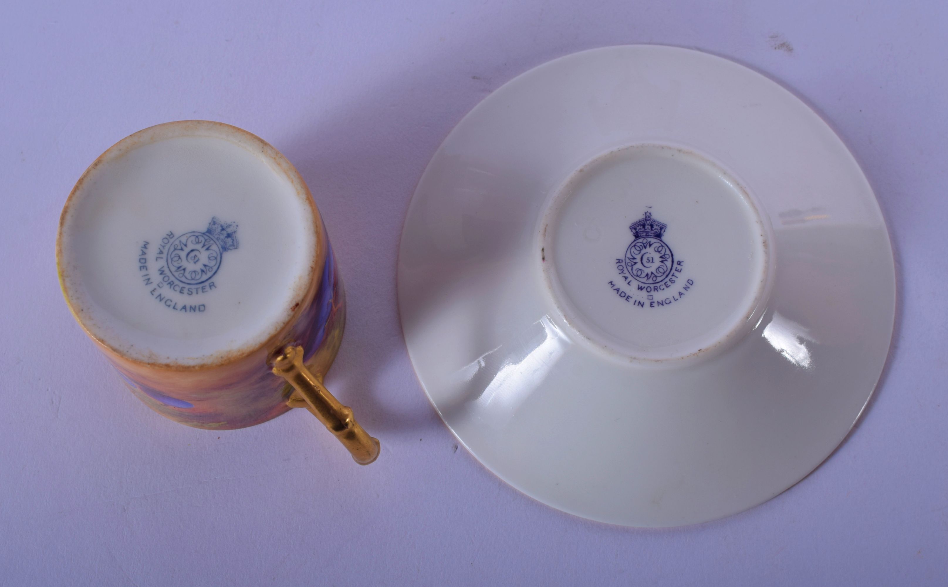 Royal Worcester coffee can and saucer painted with fruit by Moseley and Hale, date code 1928. Cup 5 - Image 3 of 3