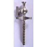 A RARE ANTIQUE EUROPEAN SILVER PLATED CHAMPAGNE CORKSCREW TAP within a leather case. 9.25 cm long.