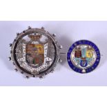 TWO ENAMEL BROOCHES. 1 COIN BROOCH 2.3cm diameter, HERALDIC BROOCH 3.5cm diameter, weight 13g