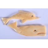 TWO CARVED BONE FIGURES IN THE SHAPE OF A DOLPHIN AND A WHALE. Whale 8cm long, Dolphin 8cm long