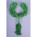 A CHINESE 3 STRAND JADE NECKLACE WITH A DIAMOND CLASP. 58cm long, bead size 7.9mm, weight 228g