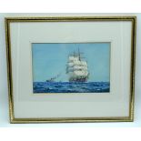 A framed watercolour of ships under way at sea (signed indistinctly) 19 x 29cm