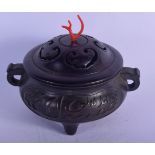 A CHINESE TWIN HANDLED BRONZE CENSER AND COVER 20th Century, bearing Zhengdhe marks to base, decorat
