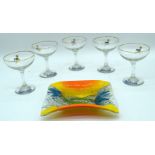 A collection of vintage Babycham glasses, together with a coloured dish. Largest 17cm (6)