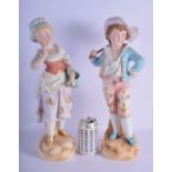 A PAIR OF ANTIQUE BISQUE PORCELAIN FIGURES modelled upon naturalistic bases. 45 cm high.